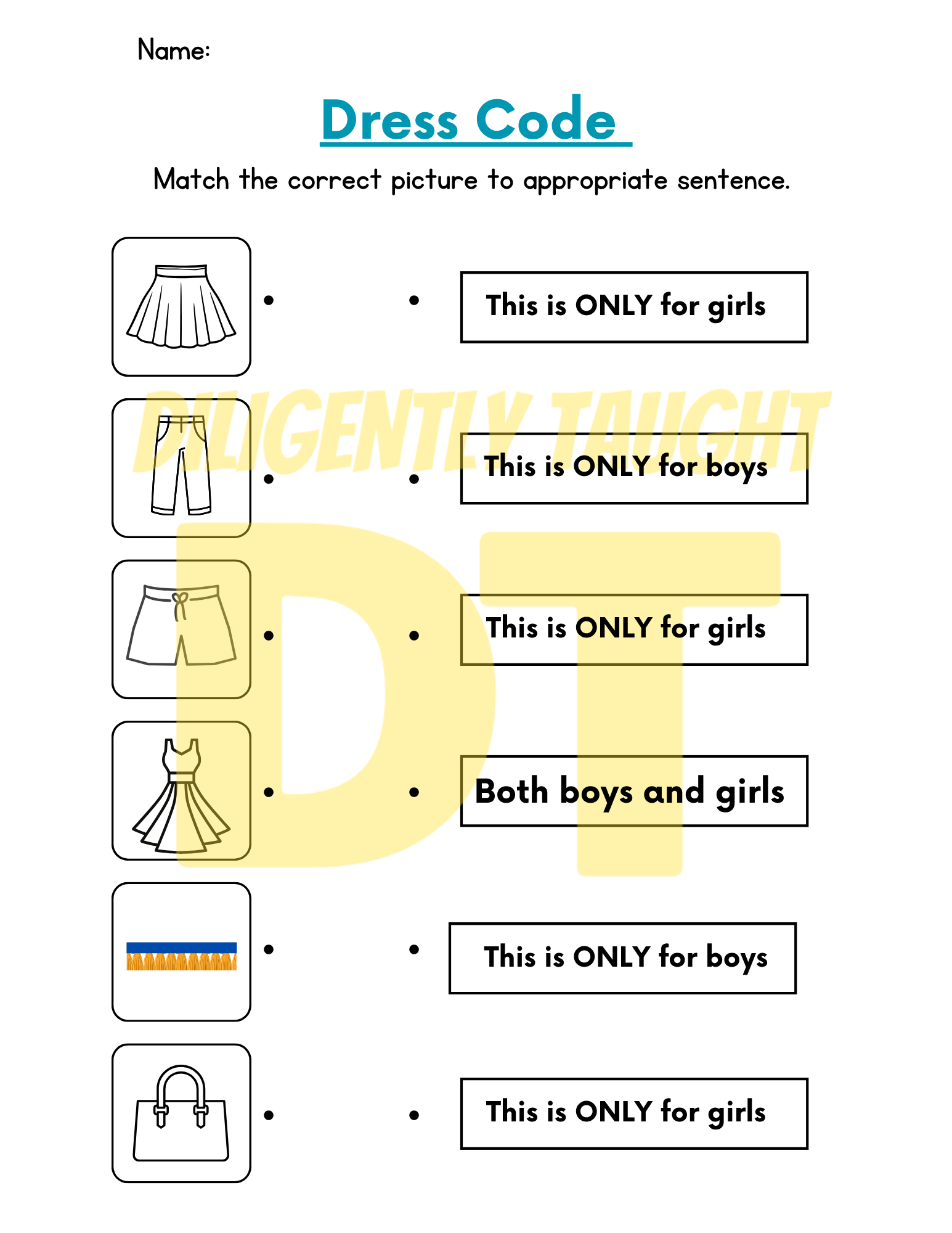 Dress Code Matching Worksheet - DIGITAL ONLY